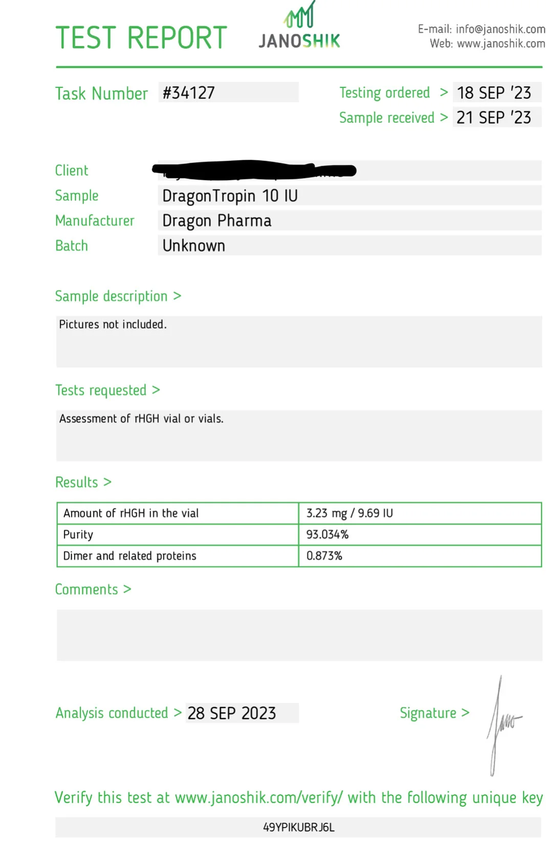 dragontropin lab test report